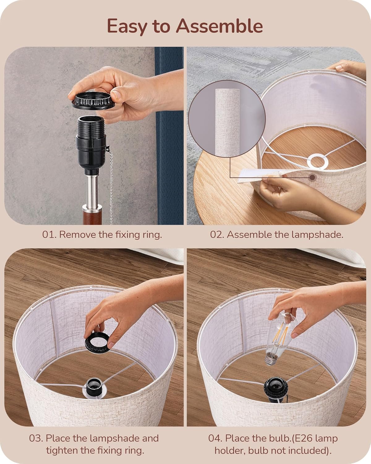 EDISHINE Mid Century Table Lamp Set of 2, Pull Chain Switch Bedside Lamp, Linen Shade, Solid Wood Pole & Brushed Nickel Metal Base, Modern Nightstand Lamp for Bedroom, Living Room, Office, E26 Base