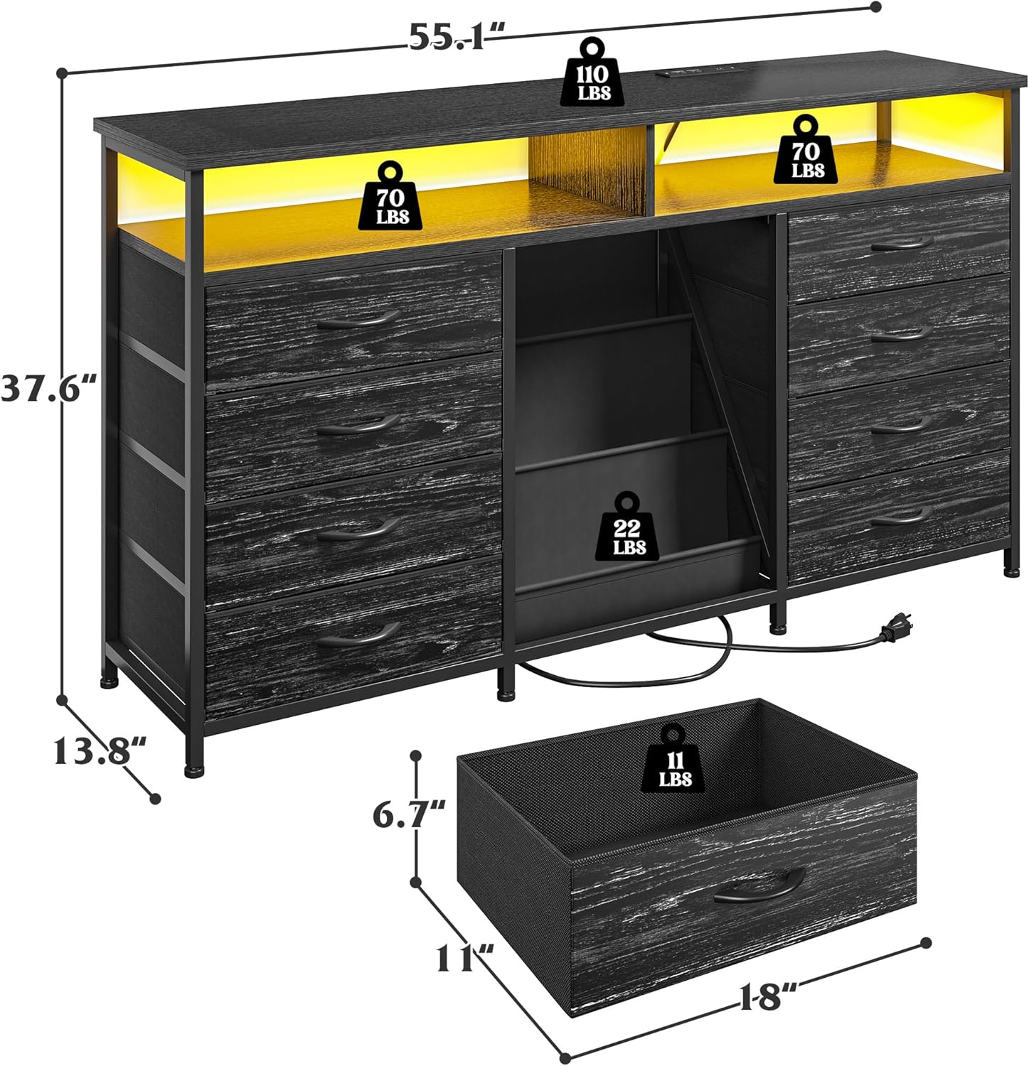 EnHomee 55 ” W Dresser for Bedroom with Bookrack & 8 Fabric Drawers, Dresser TV Stand with Power Outlet & LED Lights for 65 Inch TV, Chest of Drawers for Cabinet, Entryway, Charcoal Black