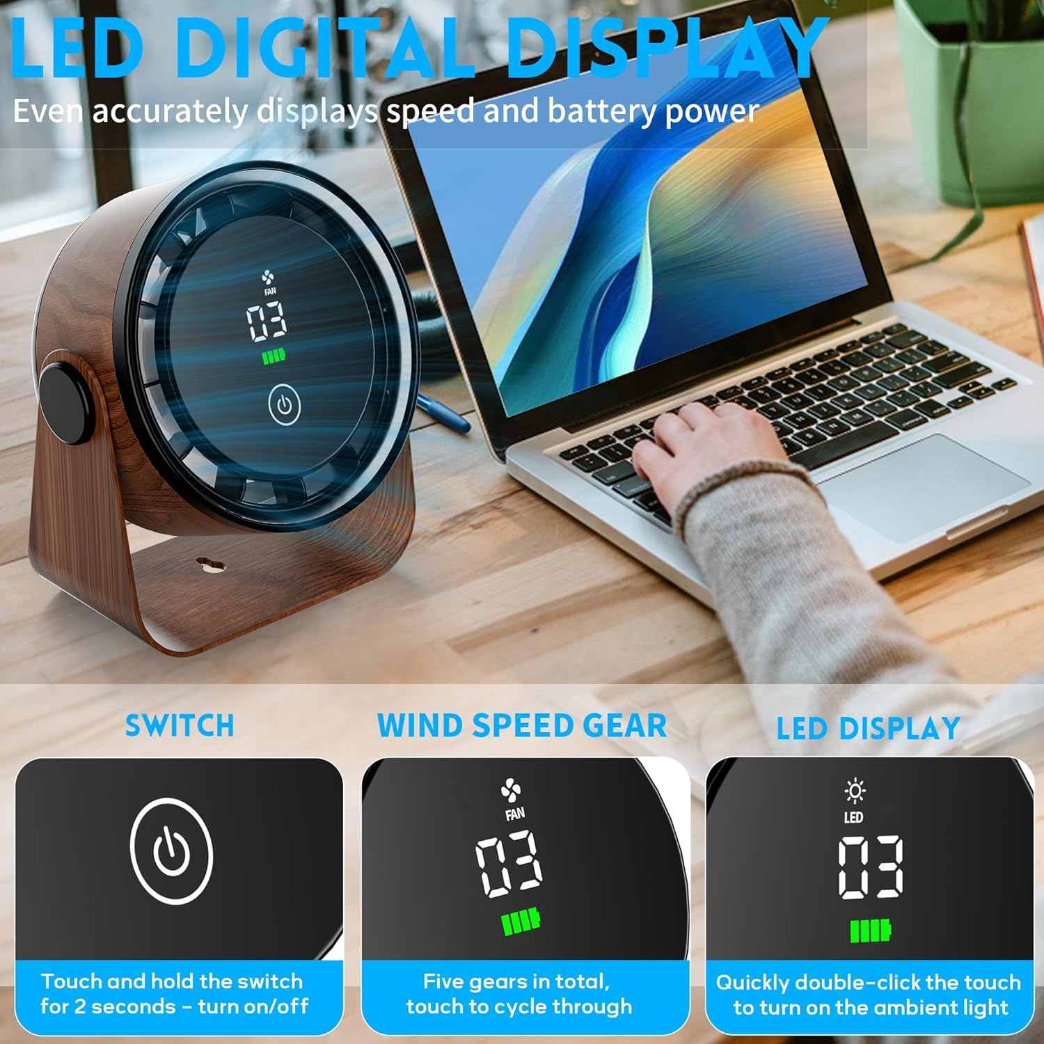 Small Desk Fan Battery Powered - Retro Low Noise Quiet Portable Gentle Blowing without Headaches Office Bedroom Sleep Table Top Wall Hanging Kitchen Travel Camping Dorm 5-Speed 360 Rotation Walnut image 2 of 8 B0DX71M3BK