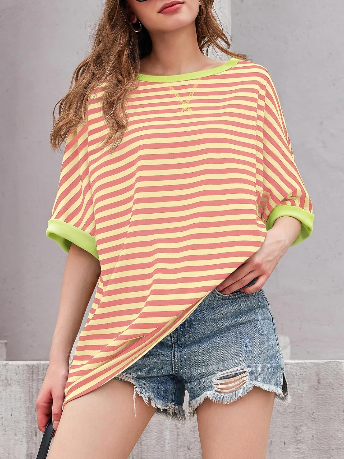 Tankaneo Womens Oversized Striped Tee Shirt Summer Casual Color Block Half Sleeve Crew Neck Tunic Tops - Image 2