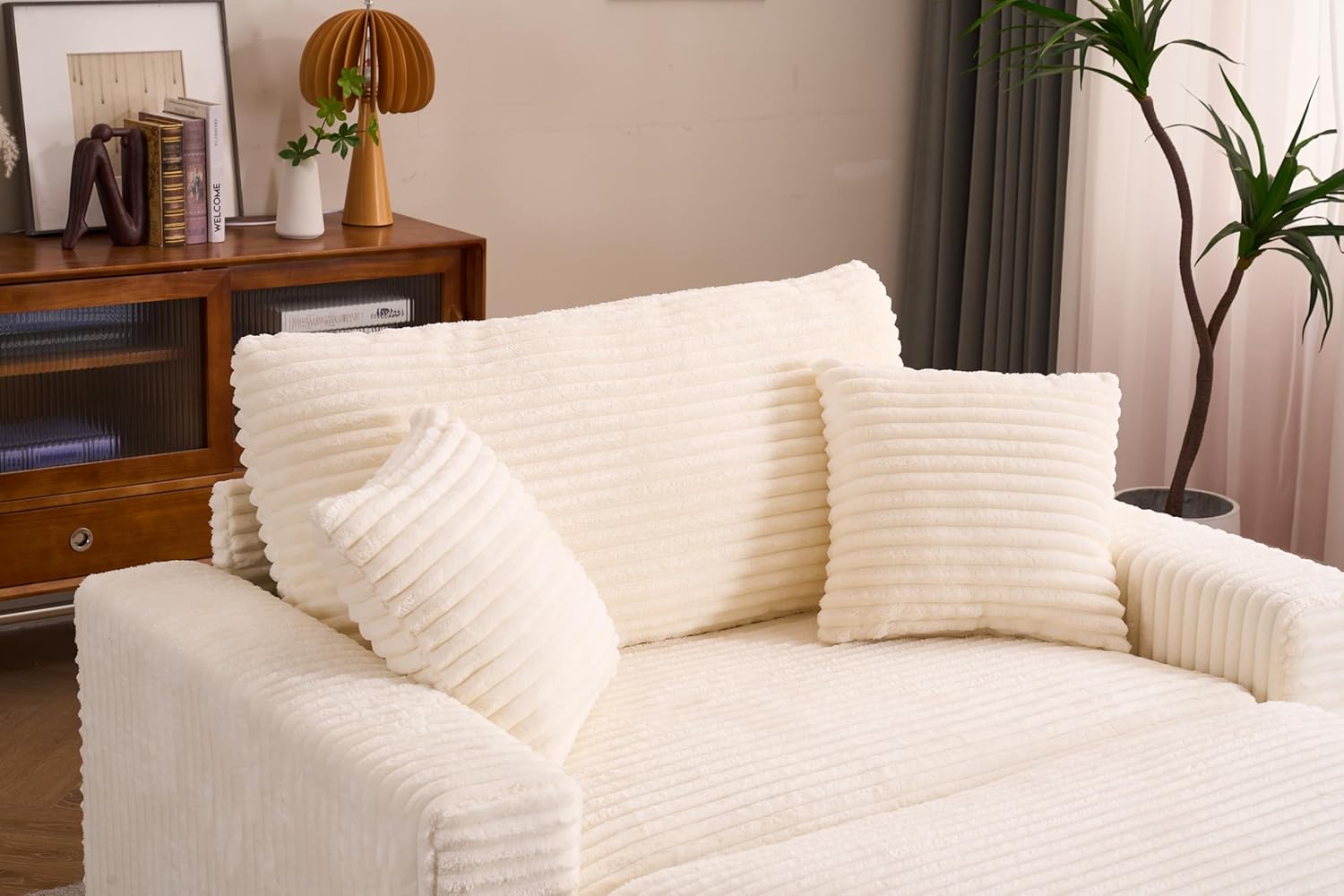 Oversized Indoor Lounge Chaise Chair with Ottoman, Extra Wide Corduroy Upholstered Sofa Chaise Deep Seat, Cozy Living Room Chair Pocket Spring Cushion (Beige)