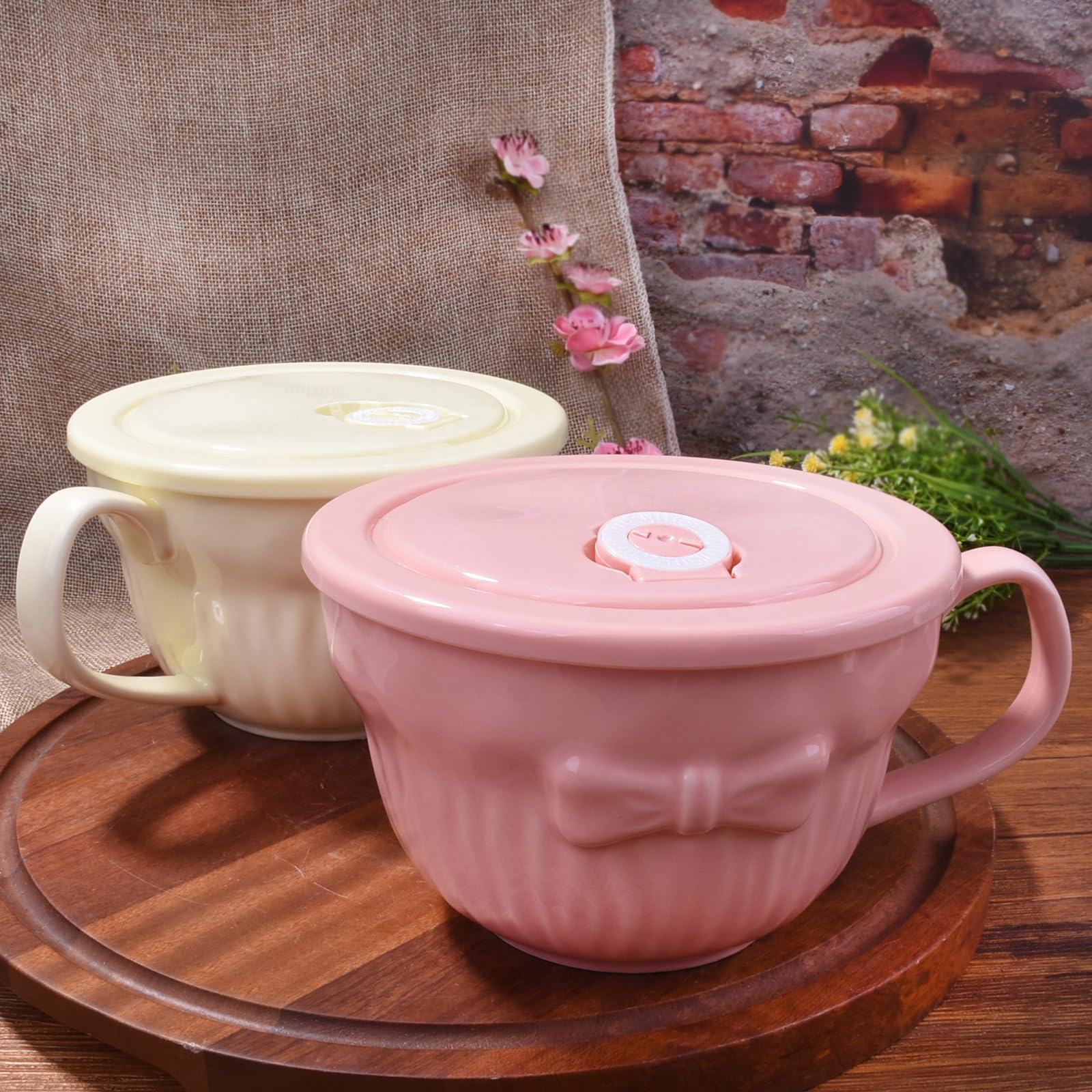 VanEnjoy 30oz Ceramic Bowl With Lid - Cherry Blossom Snowflake Design, Microwave Safe, Anti-Scald Handle - View #12