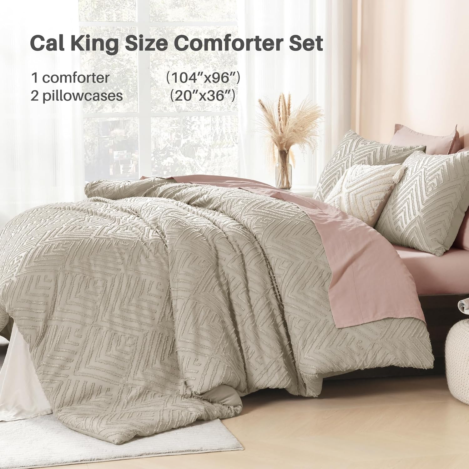 Litanika California King Comforter Set Oatmeal, 3 Pieces Tufted Boho Farmhouse Bedding Comforter Sets, Lightweight Fluffy Comforter Bed Set for All Season (104x96In Comforter and 2 Pillowcases) - Image 6