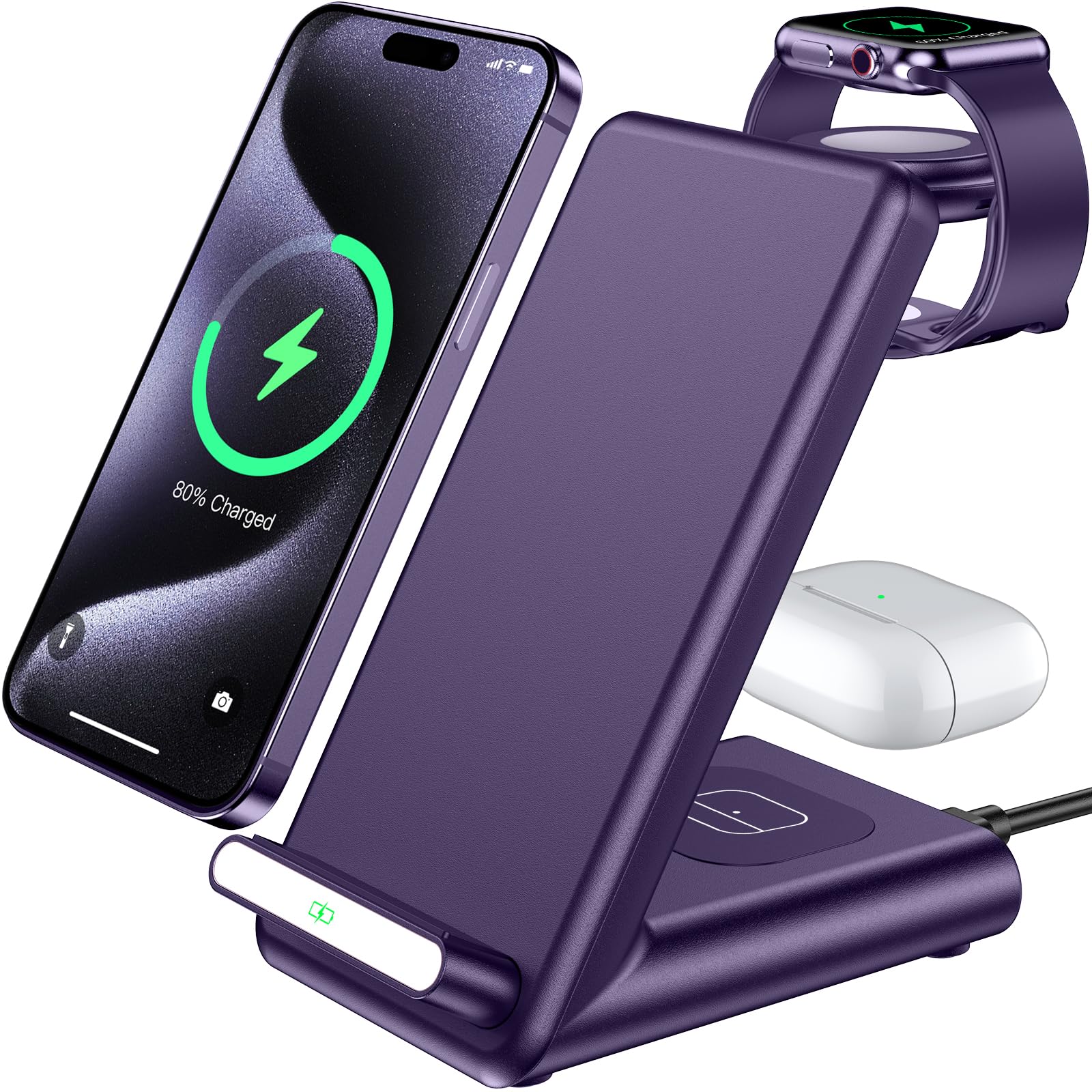 QKXC Bezprzewodowa stacja ładująca, uchwyt 3 w 1, pasuje do Apple Watch Ultra 9, 8, 7, 6, SE, 5, 4, 3, szybka ładowarka do iPhone'a 15/15 Plus/15 Pro Max / 14/13/12/11/X, AirPods Pro (z adapterem