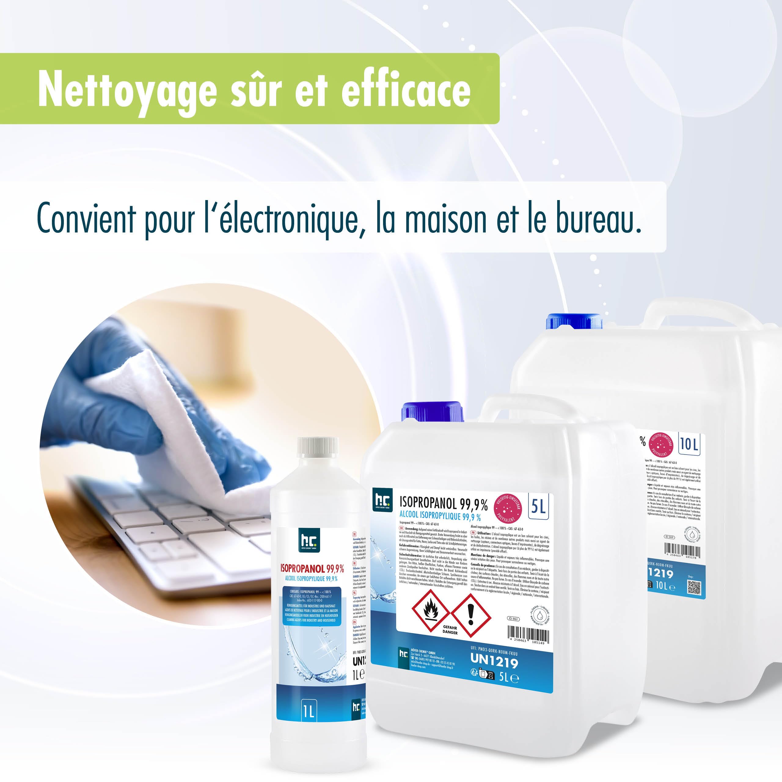 Höfer Chemie Isopropanol 99,9% (IPA) 24 X 1 L - Alcool Isopropylique pour le Nettoyage et le Dégraissage - Solvant Puissant - Multiusage