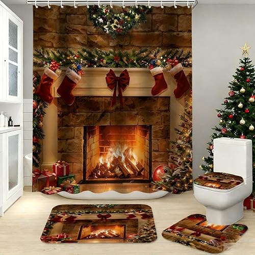 Miniatura 10 de Juego de 4 cortinas de ducha de Navidad con alfombras antideslizantes, cubierta de tapa de inodoro y alfombrilla de baño, juego de cortinas de ducha