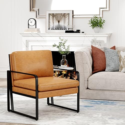 Miniatura 6 de Andeworld Silla decorativa moderna, sillón de sala de estar de mediados de siglo, sofá tapizado de piel sintética con patas de metal para leer,