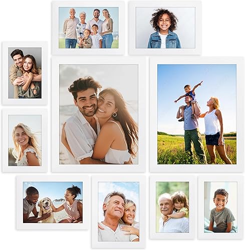 Icona Bay Juego de marcos de fotos blancos combinados, 10 piezas (cuatro de 4 x 6, cuatro de 5 x 7, dos de 8 x 10), colección Impresia, paquete