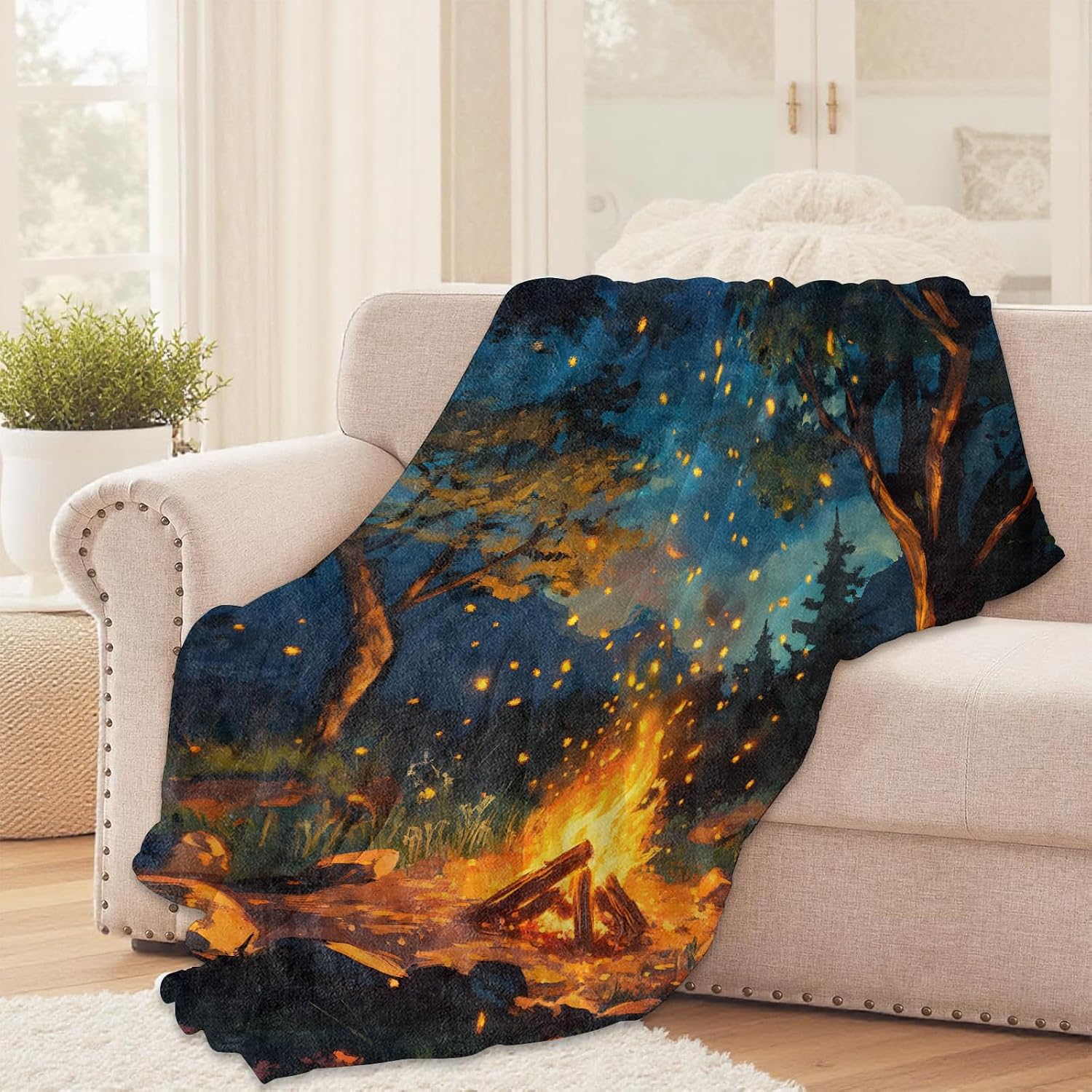 Campfire Night Throw Blanket for Girls Boys Kids Adults, 50x60 in, Cozy Flannel Blanket for Bedroom, Camping, Couch, Room Decor, Fuzzy Warm Soft Gifts image 2