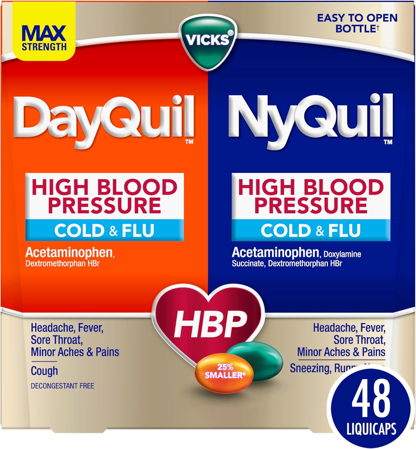 VICKS DayQuil & NyQuil High Blood Pressure Cold & Flu Relief Liquicap 48ct Co-Pack, Powerful Multi Symptom Daytime & Nighttime Medicine for Cold, Cough, and Flu Symptoms, 24ct DayQuil, 24ct NyQuil