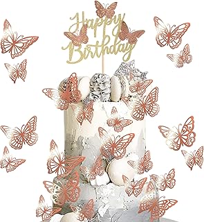 ZHUOWEISM 25 PCS Glitter Butterfly Cake Toppers 3D Butterfly Cupcake Topper for Girls Happy Birthday Cake Topper Wedding Baby Shower Birthday Cake Decorations Butterfly Party Supplies Rose Gold
