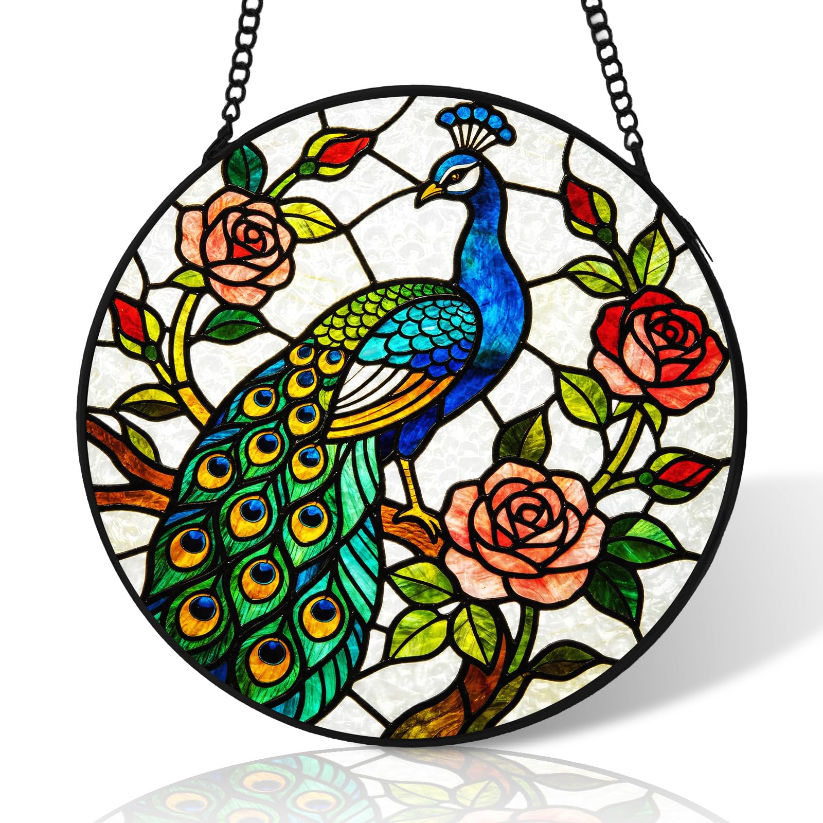 Peacock Stained Glass Suncatcher Windows Hanging,10 inch Stained Glass Ornament Home Decor,Suncatchers for Windows Hanging,Birthday Gifts for Women,Lovers,Friend(Black)