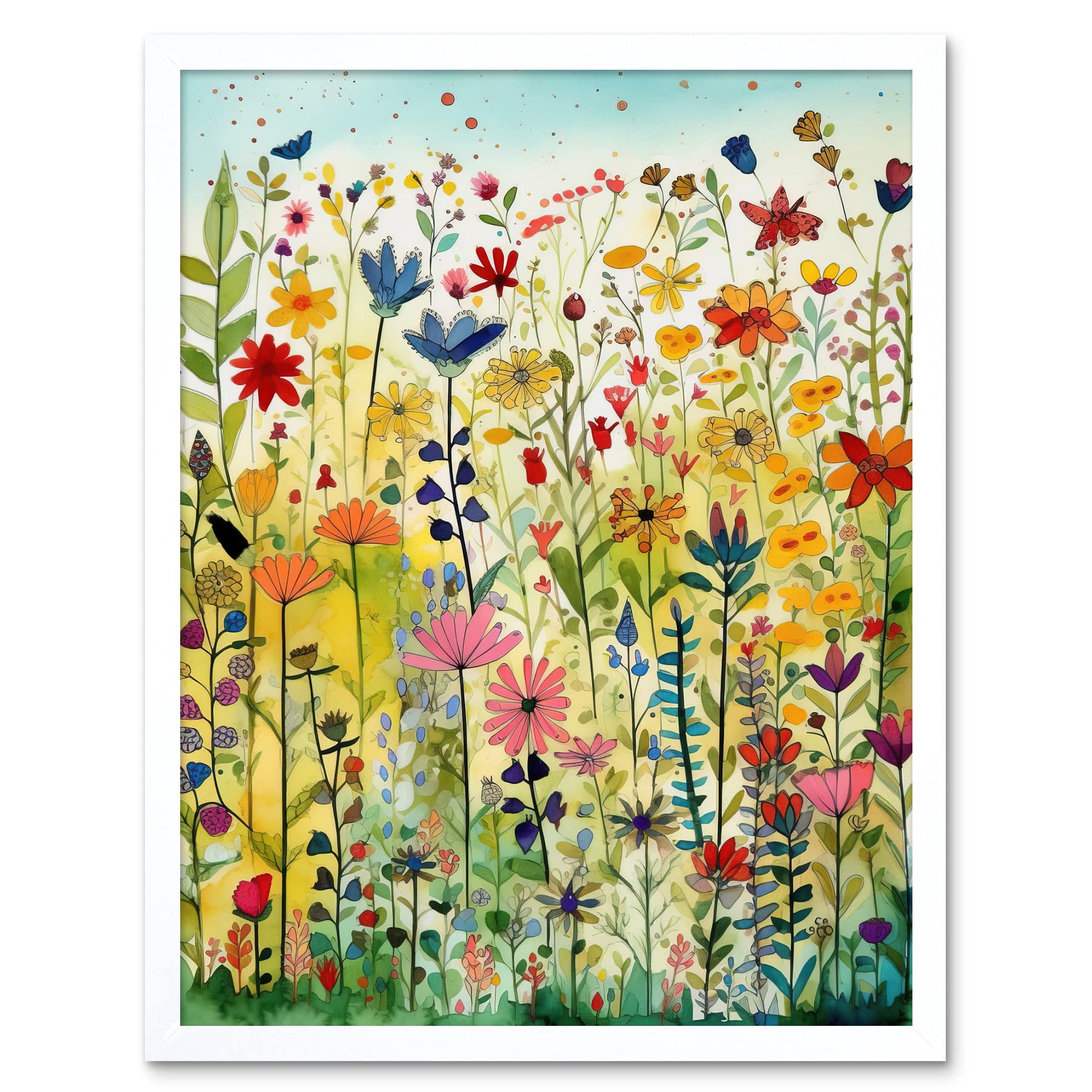 Artery8 Mixed Wildflower Bloom In Meadow Folk Art Art Print Framed Poster Wall Decor 12x16 inch