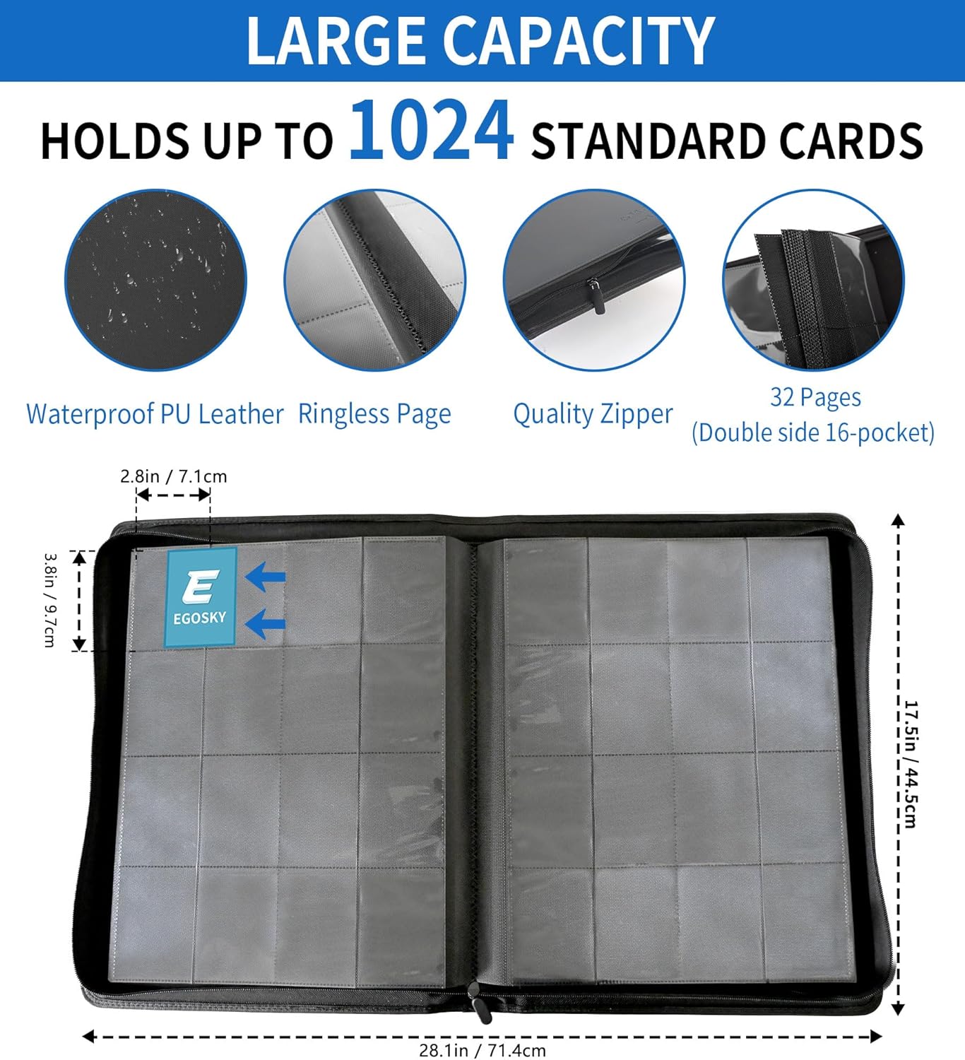 EGOSKY 1000+ Pockets Trading Card Binder, 16 Pocket Side Loading Zipper Card Holder Album for Sports, Game Cards (Pink)