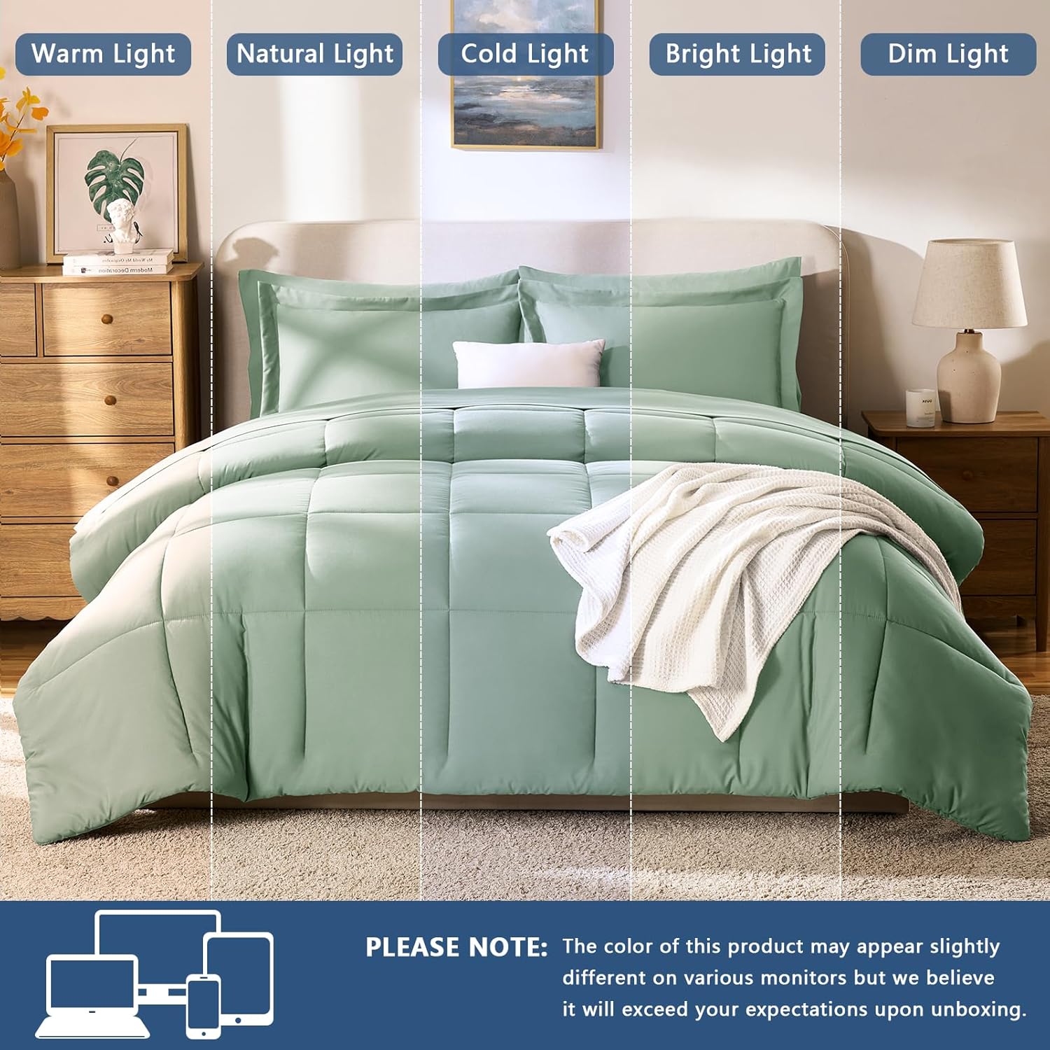 CozyLux King Size Comforter Set Sage Green - 7 Pieces Bed in a Bag King, Okeo-Tex Certifited Bedding Set, All Season Soft Bed Set with Down Alternative Comforter, Sheets, Pillowcases & Pillow Shams - Image 5