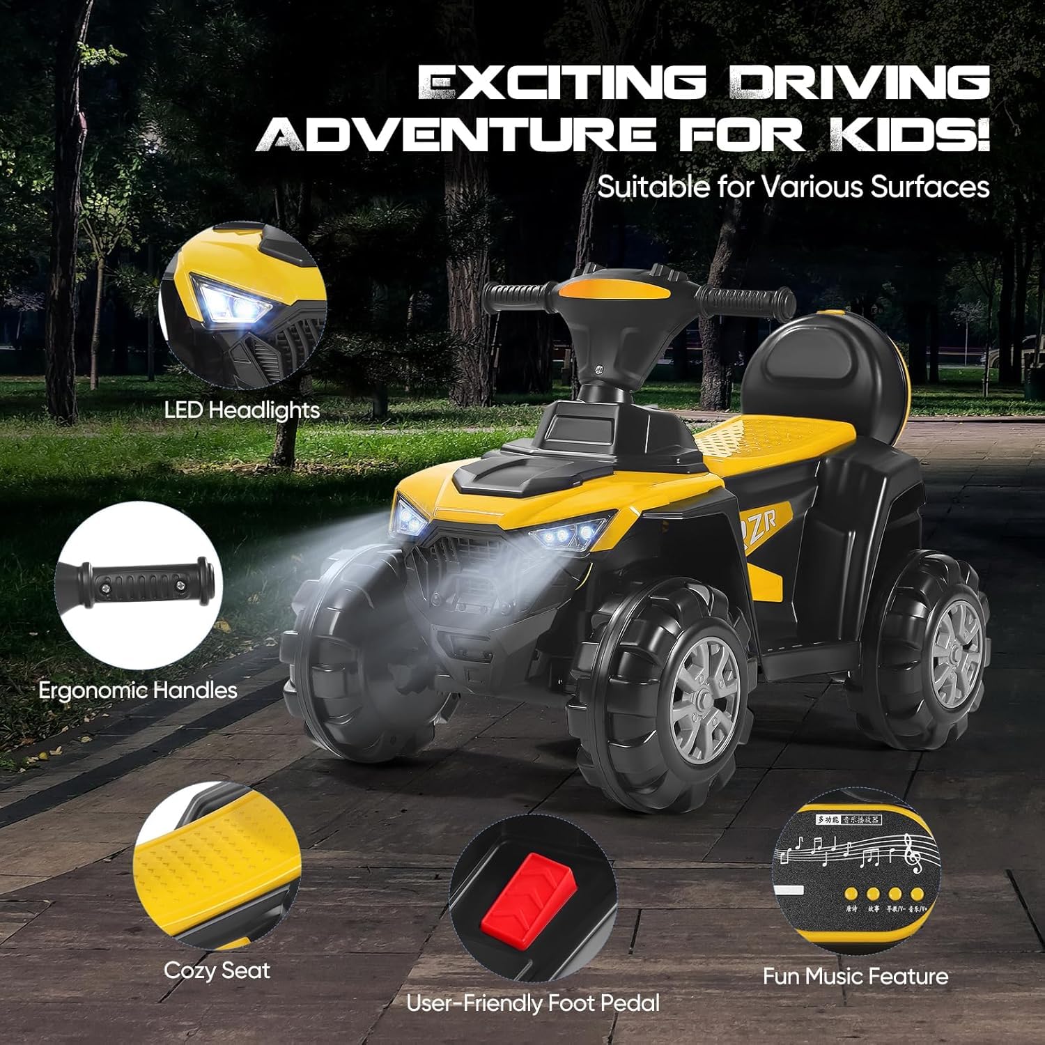 Kinder Elektro-Quad ATV 6V,Kinderfahrzeug Mit 4 rutschfeste Räder & Vorwärts/Rückwärts-Funktion, Für Kinder 3-6 Jahre Alt,Sicheres Kinderfahrzeug mit LED-Leuchten, Musik, Hupe(Gelb)