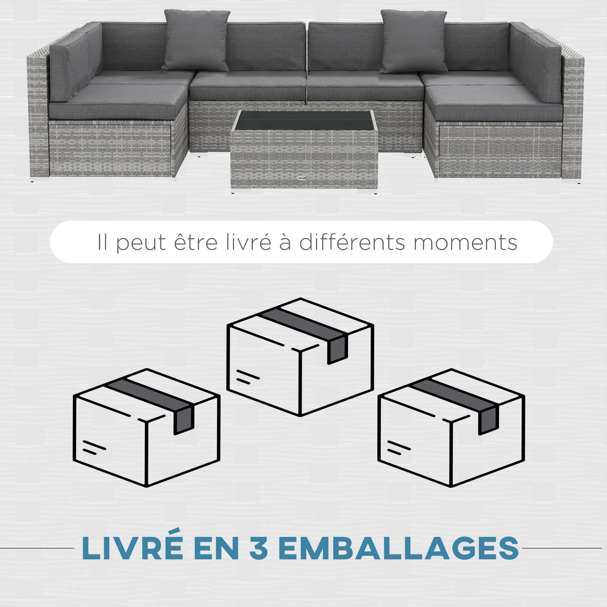 Outsunny Ensemble Salon de Jardin 7 pièces modulables, Coussins déhoussables Inclus, Table Basse avec Plateau Verre trempé, en résine tressée, Gris