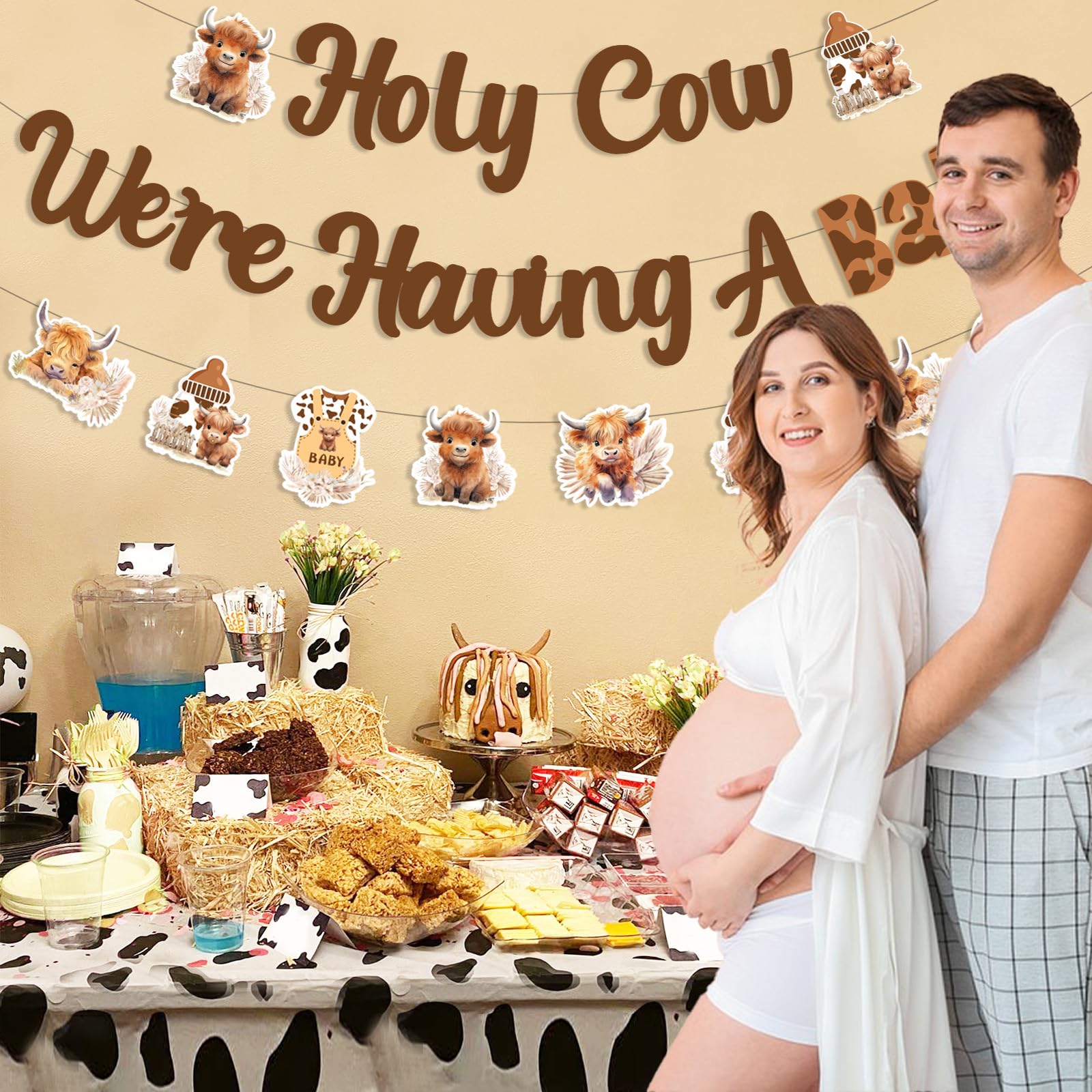 JOYMEMO Holy Cow We are Having a Baby Banner with Highland Cow Garland, Brown Highland Cow Baby Shower Decorations - Image 4