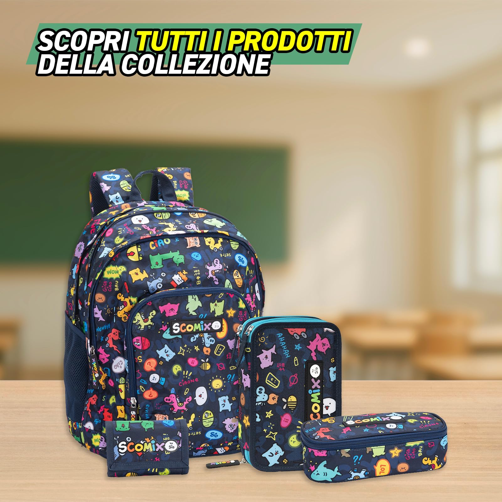 COMIX Scomix by Sio - Astuccio Scuola, Astuccio 3 Scomparti per Bambini e Ragazzi, con Set Cancelleria Incluso, 5 Etichette Adesive Portanome e Pratiche Chiusure a Zip, 20 x 13H x 7 cm, Blu