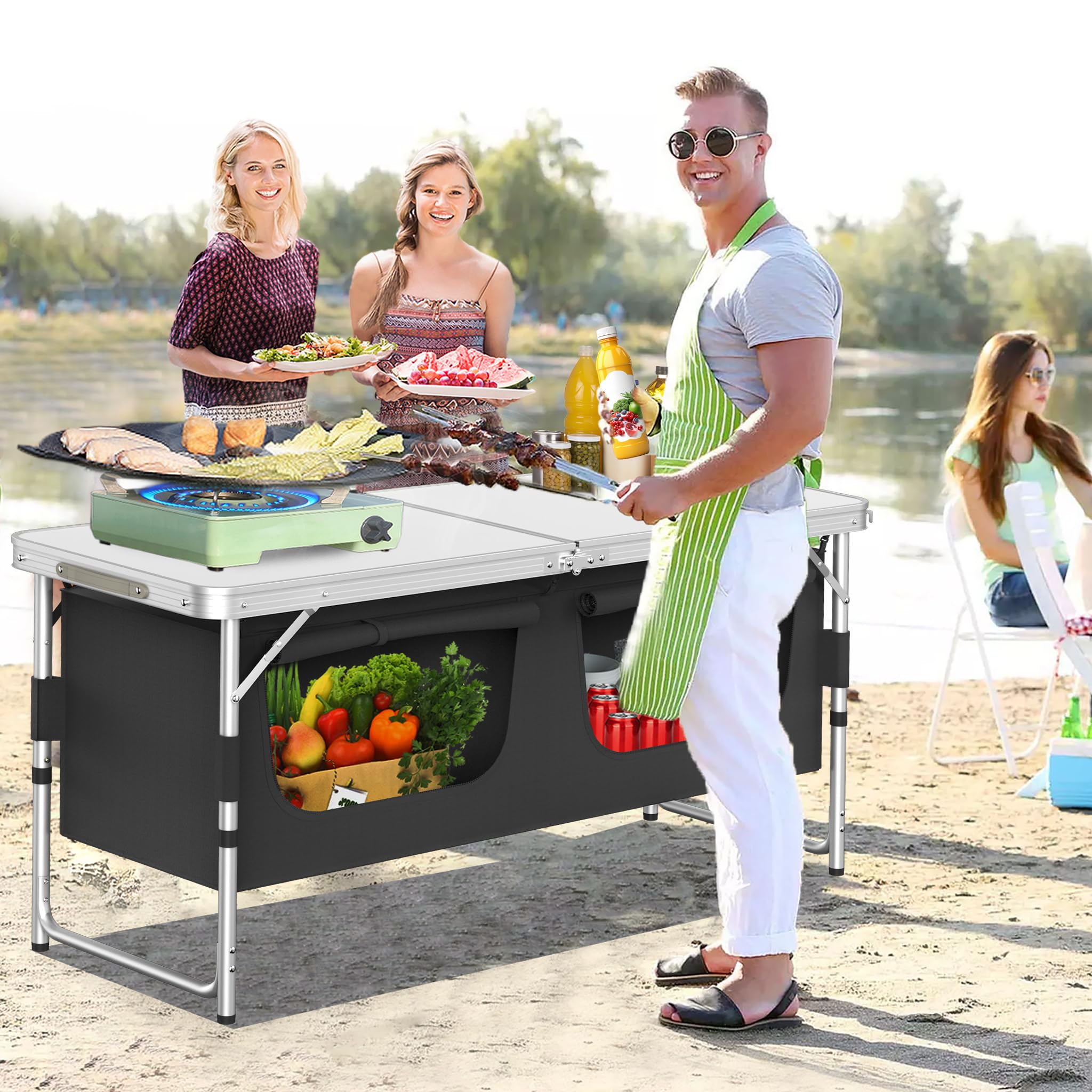 LILIIN Campingschrank Campingküche 120x47x68cm Outdoor-Reiseküche mit Aluminiumrahmen Camping-Schrank Klappbarer Outdoor Küche mit Tragetasche für Camping, Grillen und Picknicks im Freien
