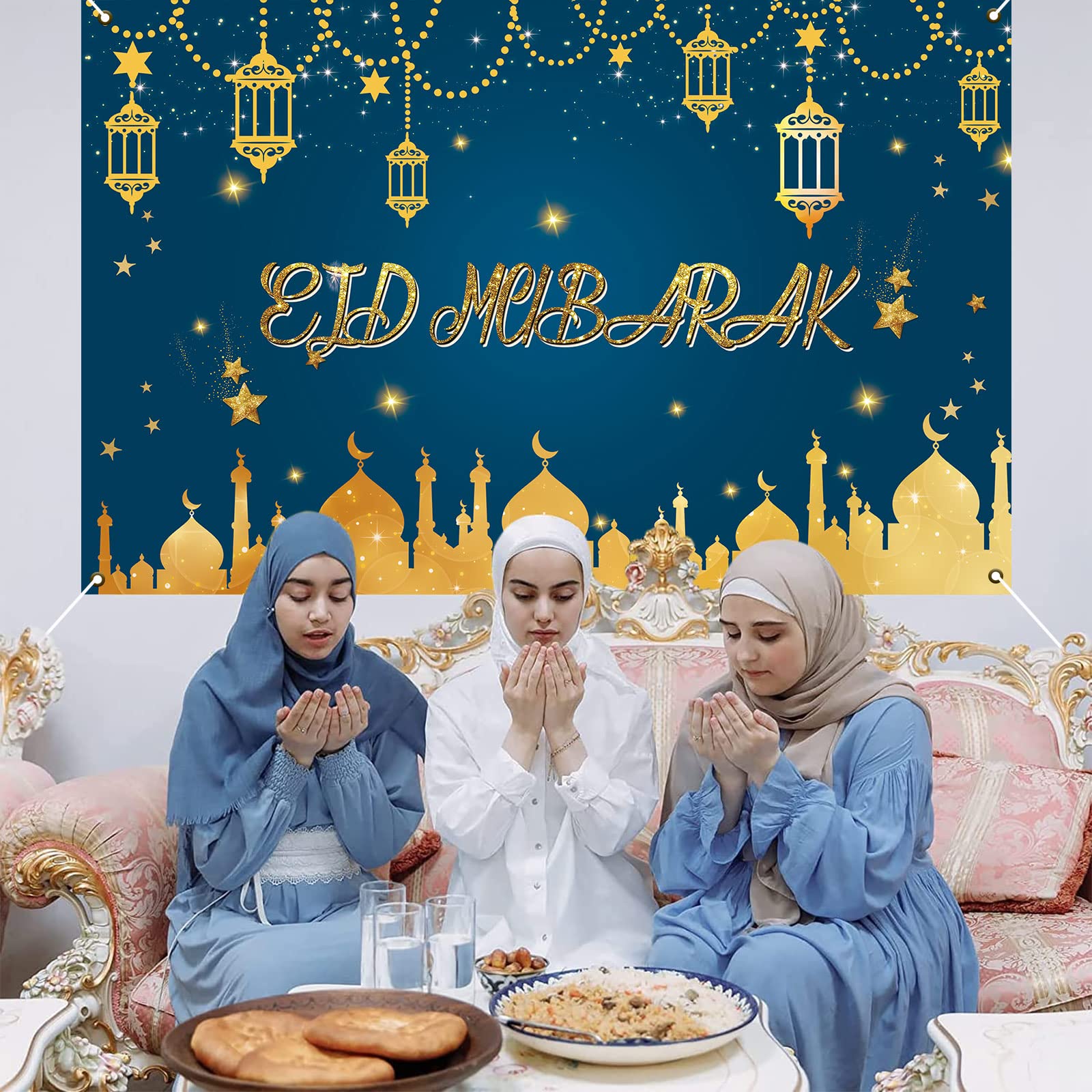 AhfuLife Grande Eid Mubarak Sfondo Striscione 205 x 111cm, Nero e Oro Ramadan Mubarak Festa Decorazioni con 16Pcs Palloncini, Ramadan Striscione per Umrah Mubarak Festa Decor