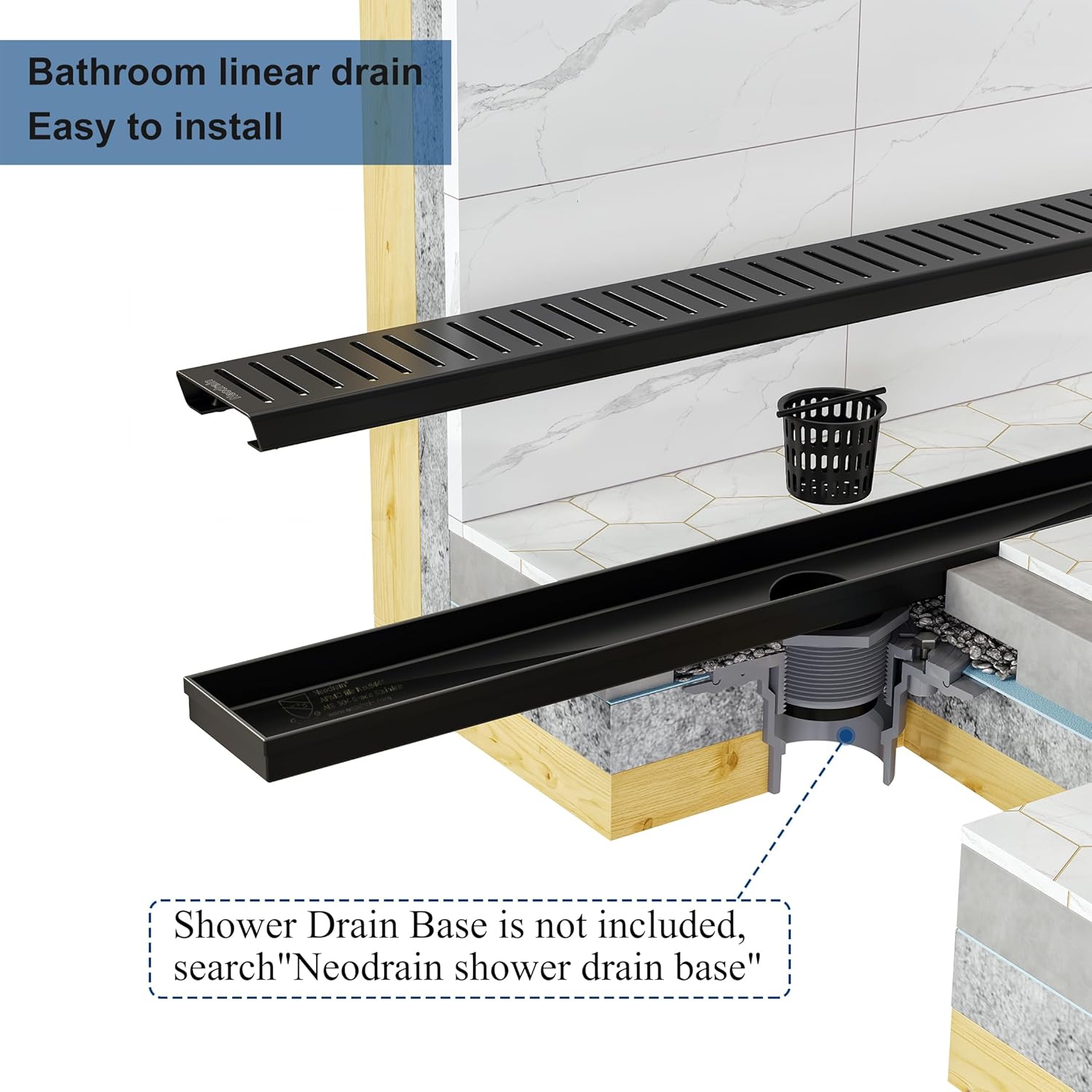 Neodrain 36" Matte Black Bathroom Linear Shower Drain with Removable Capsule Pattern Grate, 304 Stainless Steel Shower Floor Linear Drain- CUPC Certified with Hair Strainer