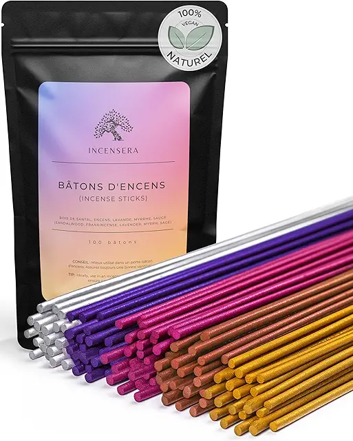 Set d'encens 100 bâtons - Bois de Santal, Lavande, Encens, Myrrhe & Sauge - Méditation, Yoga, Chakras