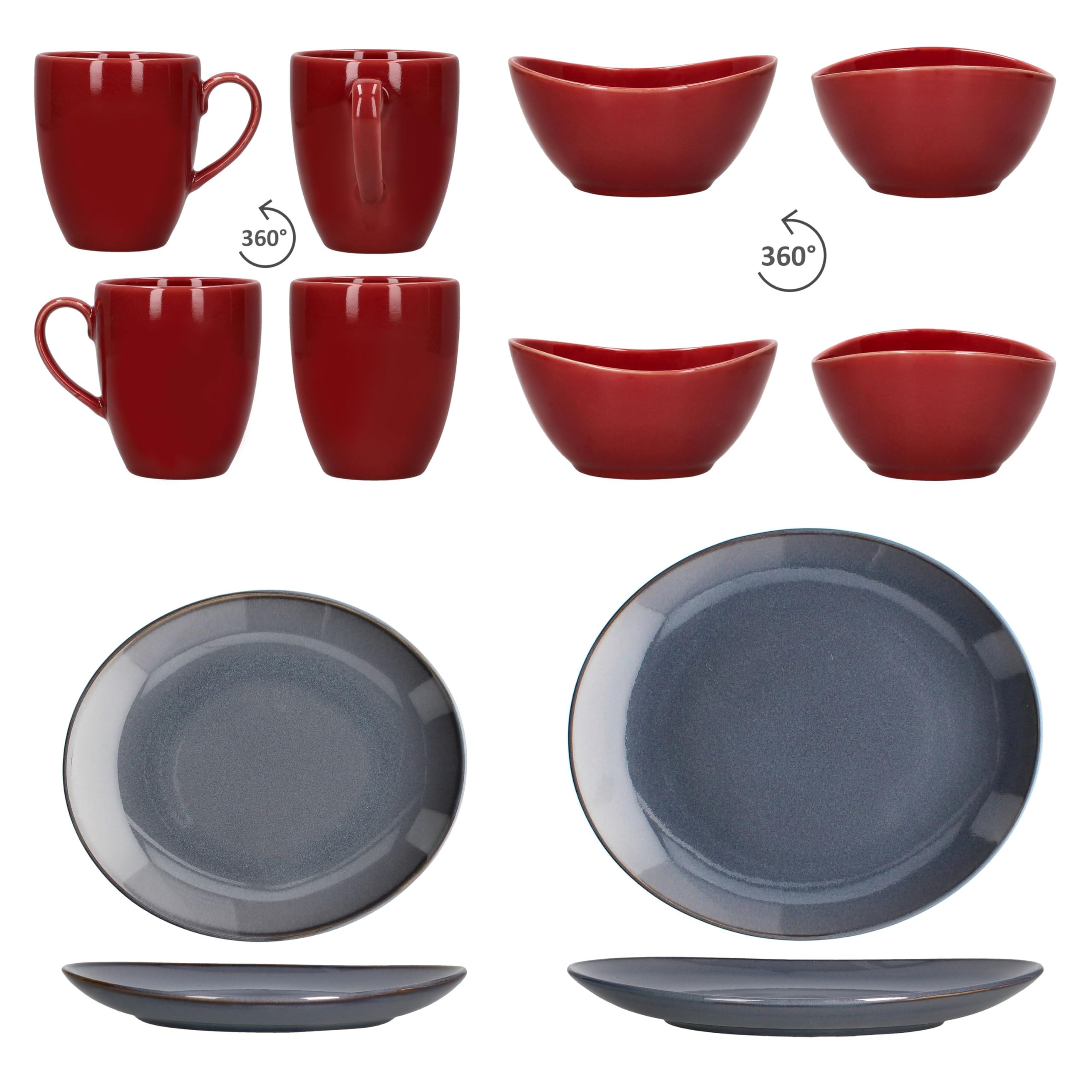 MÄSER Natural Service de table 16 pièces pour 4 personnes bleu et rouge I Service de table en faïence avec 4 tasses à café de 270 ml, bols de 400 ml, assiettes à gâteau et assiettes plates I Petit