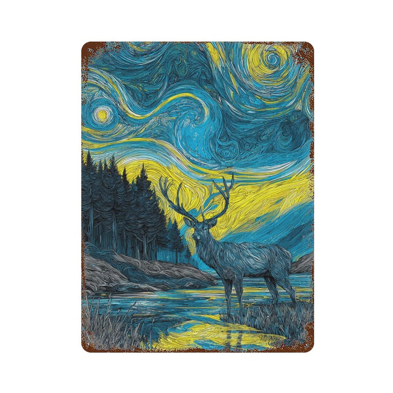Starry Night Deer Reflections Rust Effect Tin Sign 15.7"x11.8", Vintage Wall Decor for Bistro, Counter And Cafe Decor