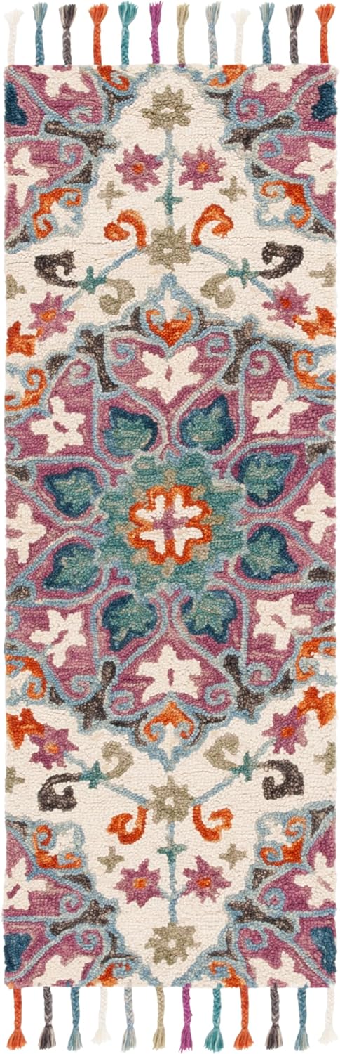 SAFAVIEH Novelty Collection Area Rug - 3' Round, Pink & Blue, Handmade Boho Floral Tassel Wool, Ideal for High Traffic Areas in Living Room, Bedroom (NOV576M)