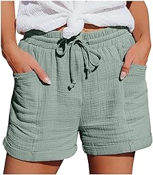 Kurze Hose Damen Shorts 2026 Sommerhose Leicht Musselin Kurze Hose Leinenhose Sommer Leinen Short Beach Hosen Mit Taschen Leicht Stoffhose Kleid Stretch Gerades Bein Kordelzug Hosen Clothing