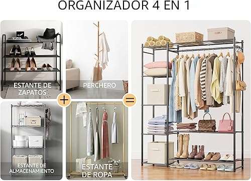 Miniatura 6 de Armario, perchero portátil con estantes de 4 niveles, organizadores de armario independientes y sistema de almacenamiento con varillas para colgar,