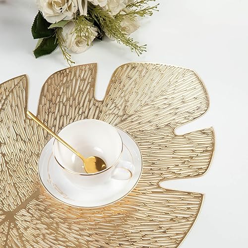 Miniatura 5 de Crisjanggo Juego de 6 manteles individuales metálicos de vinilo prensado con hojas huecas, lavables, antideslizantes, color dorado, a granel,