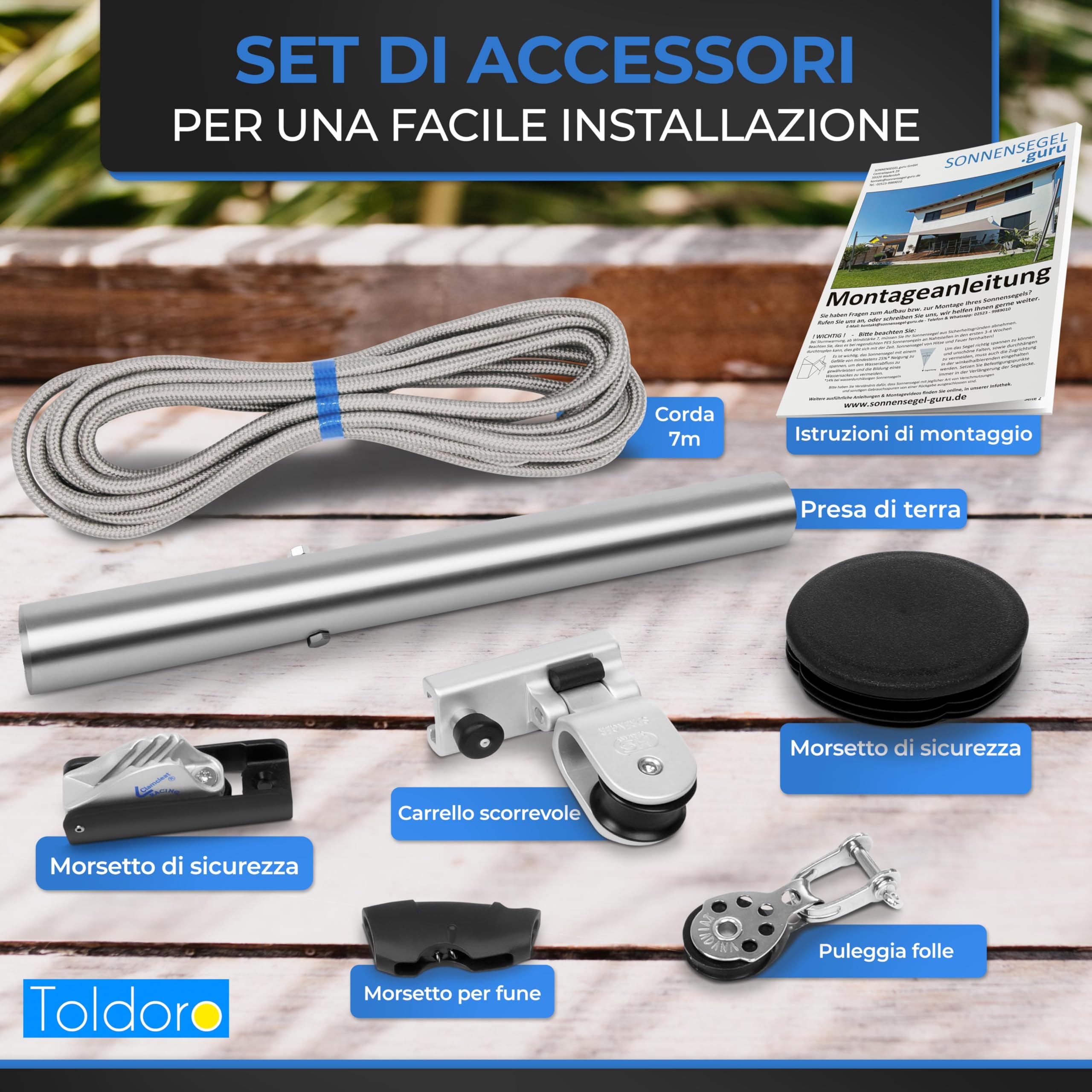 Toldoro 300cm Palo per vela ombreggiante regolabile in altezza/Palo per vela con guida per la regolazione dell'altezza/Pali per vele ombreggianti