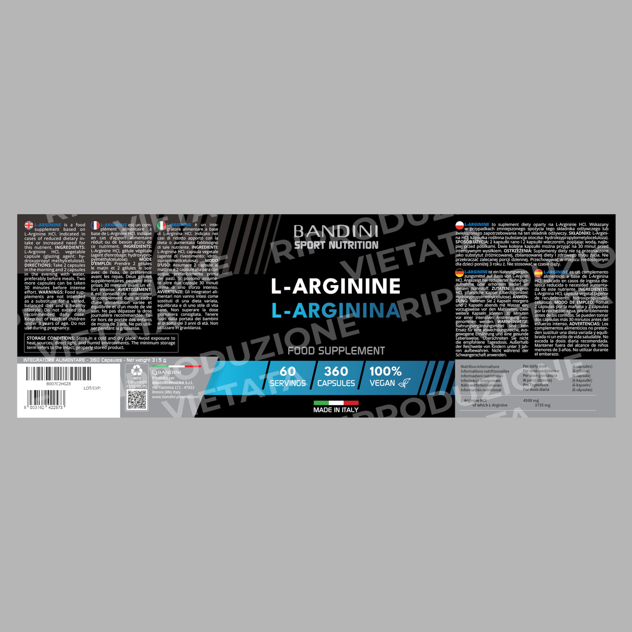 Bandini® L-Arginina 4.500 mg 360 Capsule Alto Dosaggio - Pura L-arginine HCL - Integratore Alimentare Sportivo senza Additivi non Necessari - Qualità Italiana - Alternativa a polvere o compresse