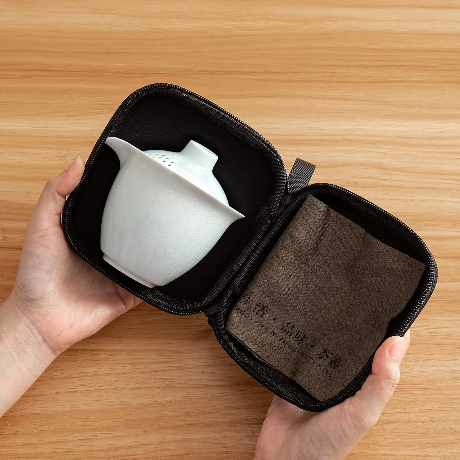 Draagbare Reistheeset, Mini-keramische Theepot-infuserset voor Buiten met Opbergtas (Zwarte pot met 2 kopjes