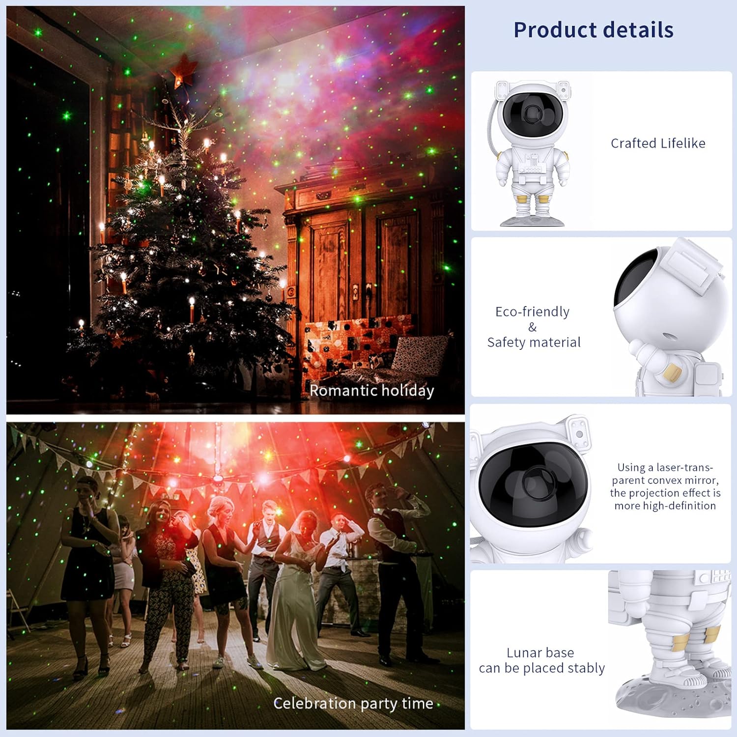 Close-up images highlighting key product details: the crafted lifelike design, eco-friendly and safety materials, the laser-transparent convex mirror for high-definition projection, and the stable lunar base.