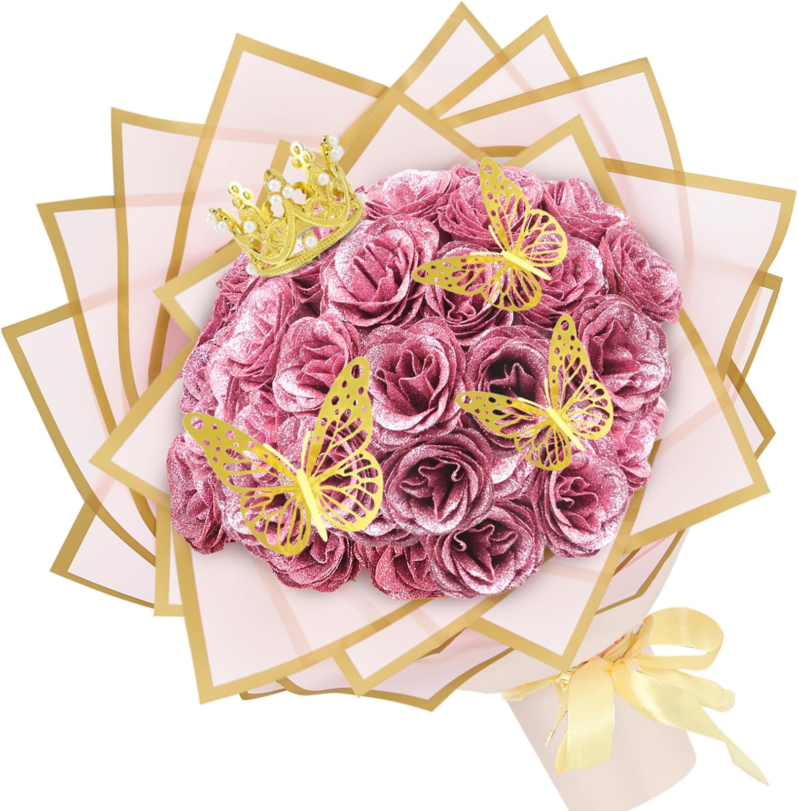 24Pcs Glitter Roses Bouquet, DIY Artificial Red Rose Bouquet with Crown and Butterfly,Glitter Flowers Artificial Bouquet,Preserved Flowers for Gifts Valentine's Day,Christmas,Anniversary,Birthday,Pink