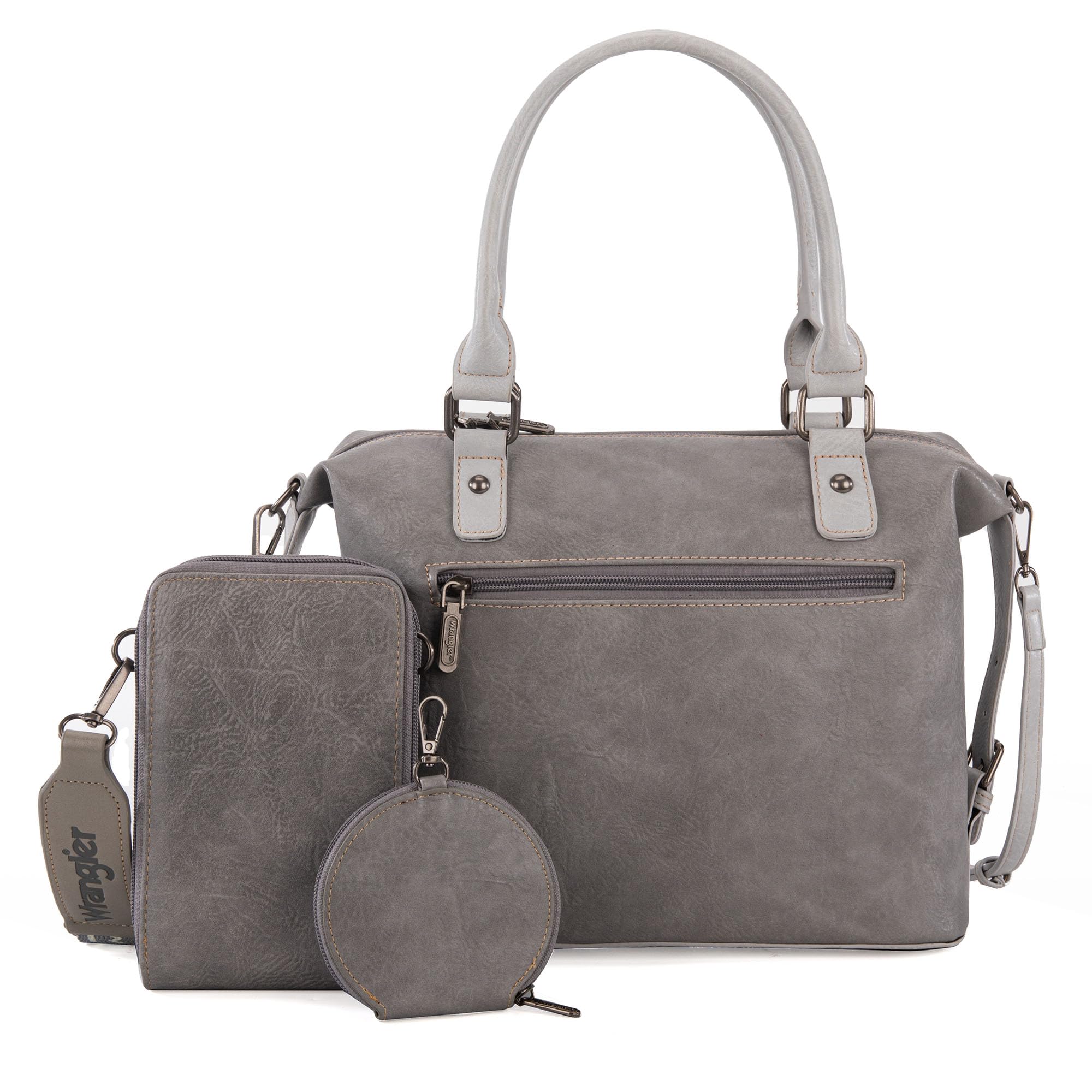 Wrangler 3Pcs Doctor Bag Sets for Women Top-handle Satchel Bag with Cell Phone Handbag and Coin Purse: Eye-catching Gray