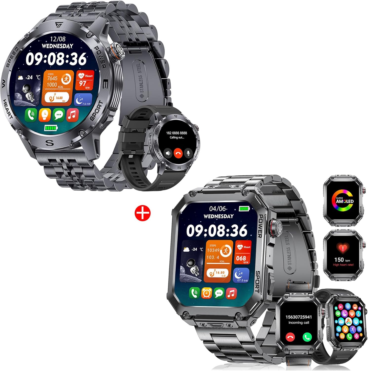 LIGE EF1 and EF2 Smart Watches side by side, showcasing their round and square designs with metallic bands and digital displays showing time, date, and fitness metrics.