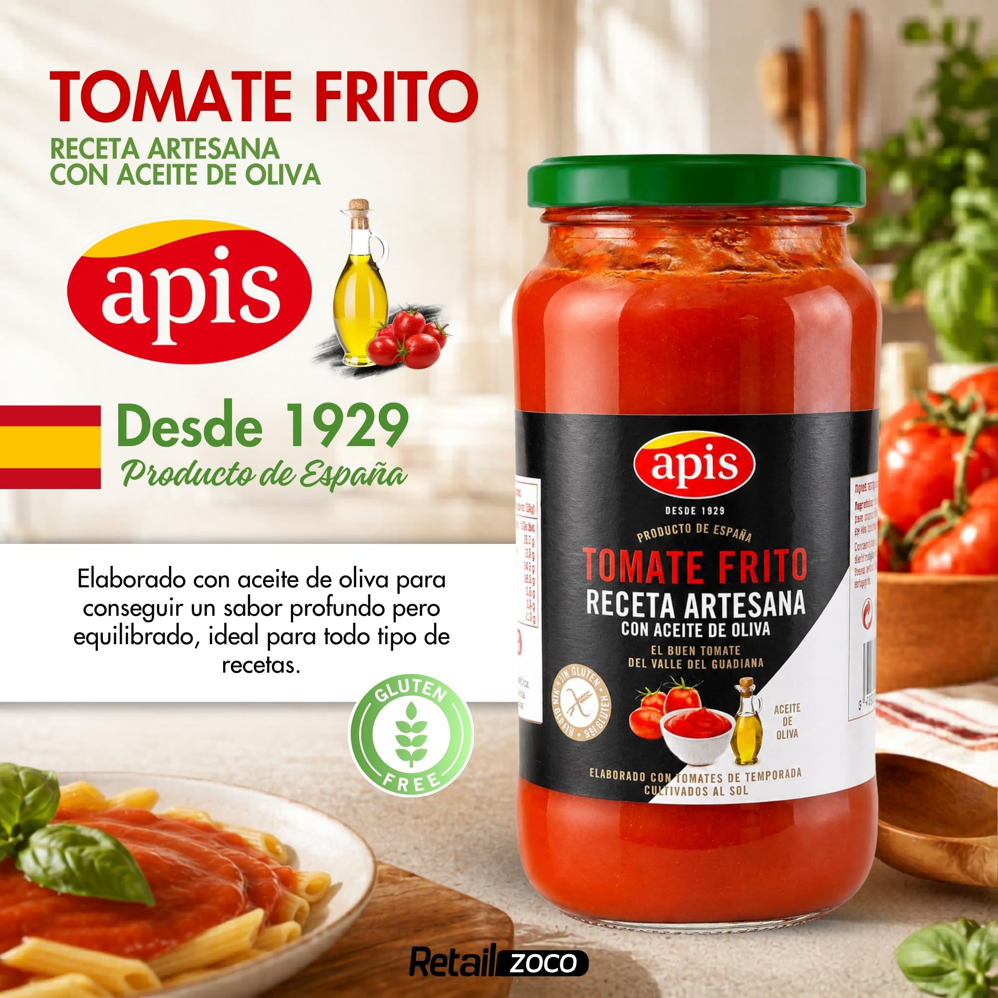 Tomate Frito Apis, Tomate frito Receta artesana con aceite de oliva, Elaborado con tomates de temporada cultivados al sol, Sin Gluten, Producto Español, Contiene 2 Tarros de cristal de 550 gr