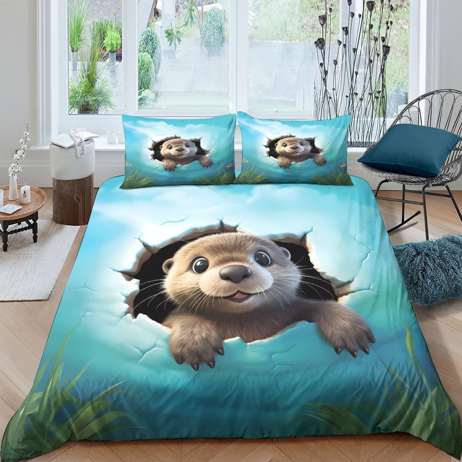 Ctjqhvkz Style-6 3D Printed Swimming Otter Fitted Sheet Microfiber Soft Blue Water Forest Mattress Cover For Bedroom Dorm Apartment Mattress Decor Single（135X200cm）