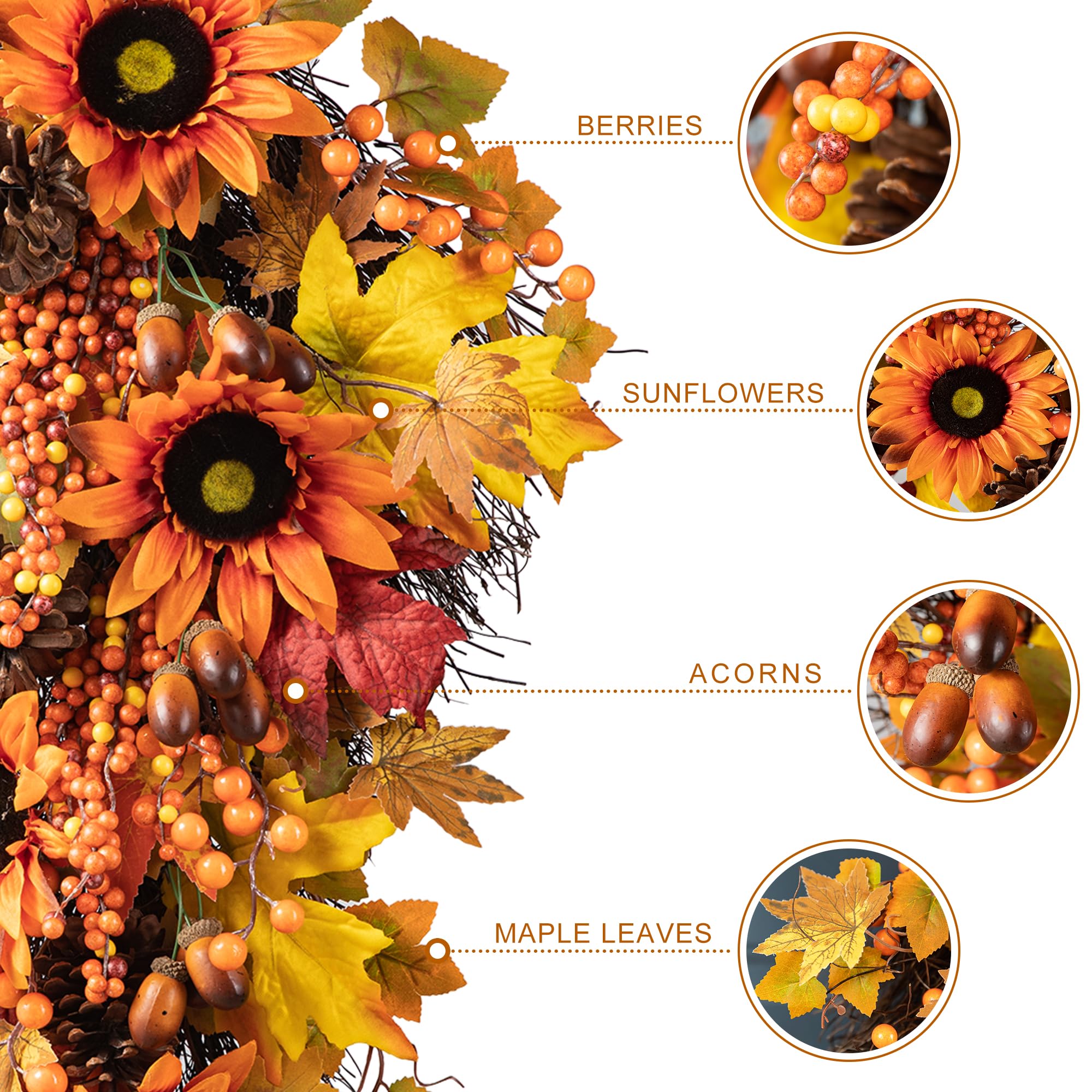Glitzhome Guirlande décorative de 68,6 cm en forme de larme, récolte d'automne à suspendre au mur, guirlande florale d'automne avec tournesol, feuille d'érable et baies pour décoration de porte