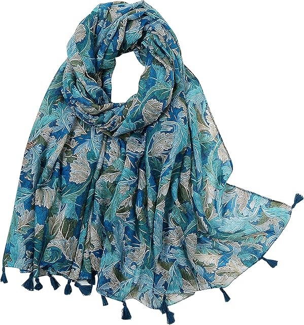 BLURBE Womens Scarves Lightweight - Ladies Cotton Linen Scarfs Tassel Floral Print Long Scarves for Spring Autumn Winter