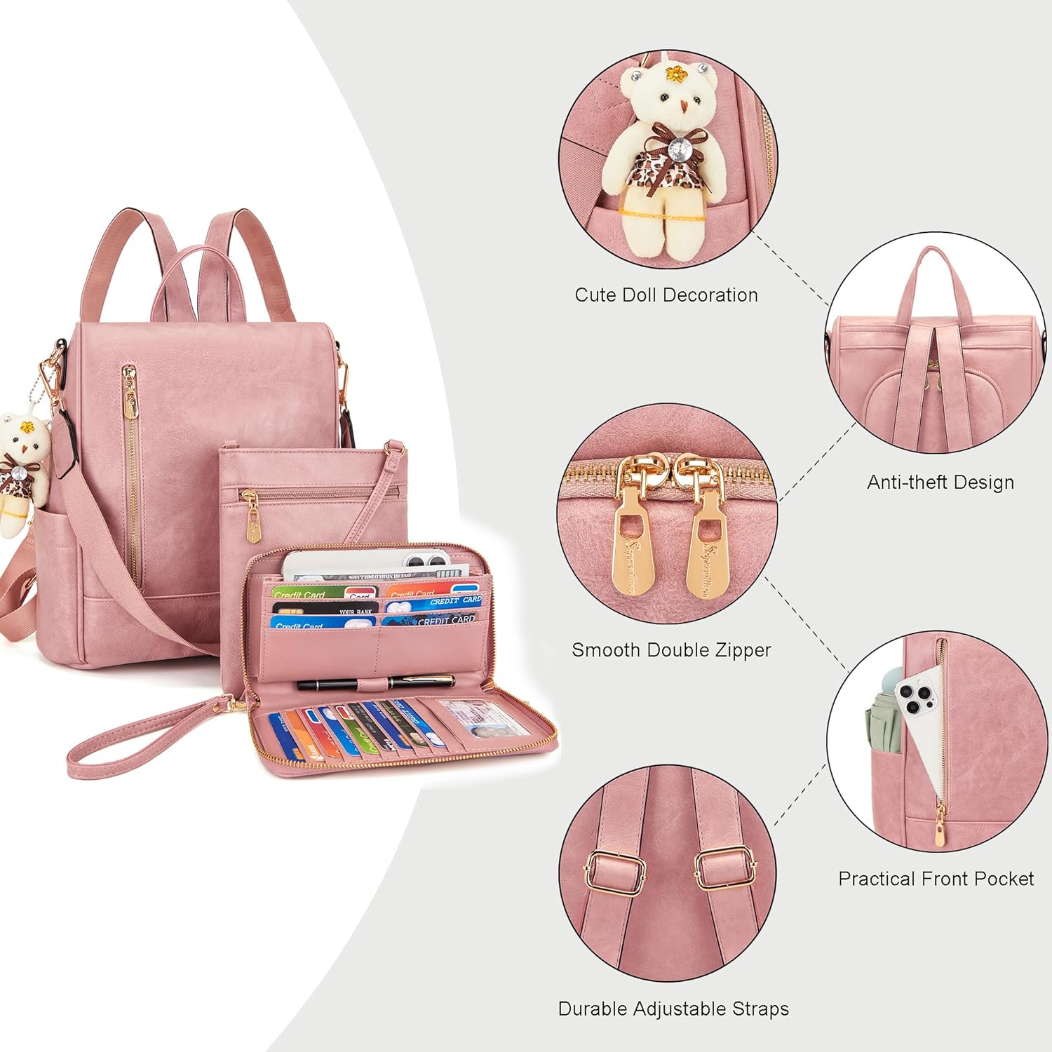 Soperwillton Women Fashion Backpack Purse Anti-Theft Leather Shoulder Bag Travel Multi Pockets Handbag Wallet Set 3pcs - Image 4