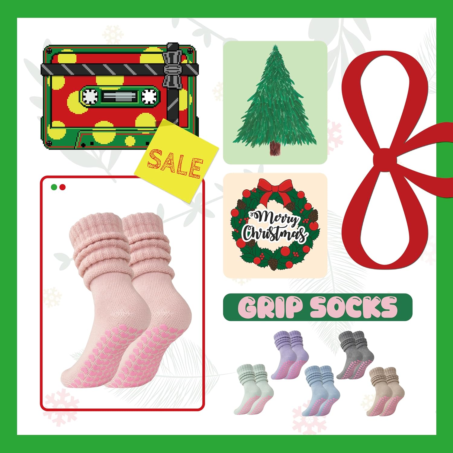 Womens Slouch Crew Socks with Grips,Retro Scrunch Short Pilates Socks,Double Needle Yoga Barre Studio Home Lifestyle