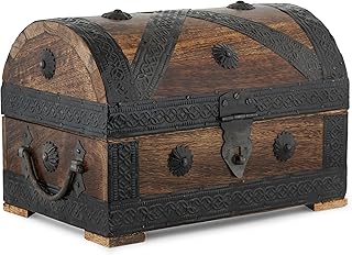 Ajuny Wooden Pirate Treasure Chest Jewelry Box – Handcrafted Vintage Keepsake Organizer with Shell Strips, Perfect for Necklaces, Earrings, and Trinkets, 9x6 Inch Gift Box