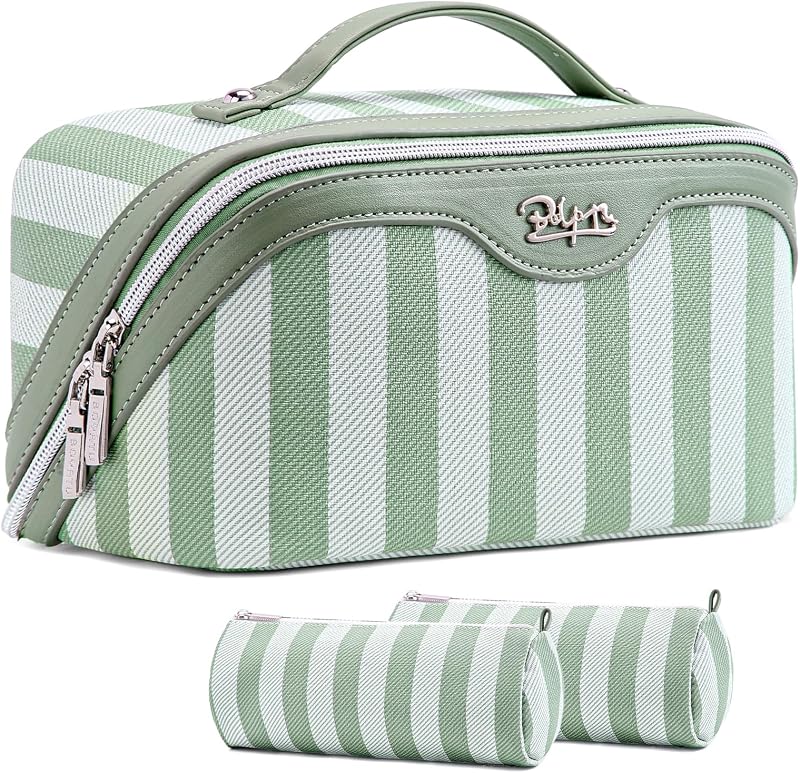 Necessaire de maquiagem BOYATU listrada verde com compartimentos e bolsas removíveis, Pacote com 3