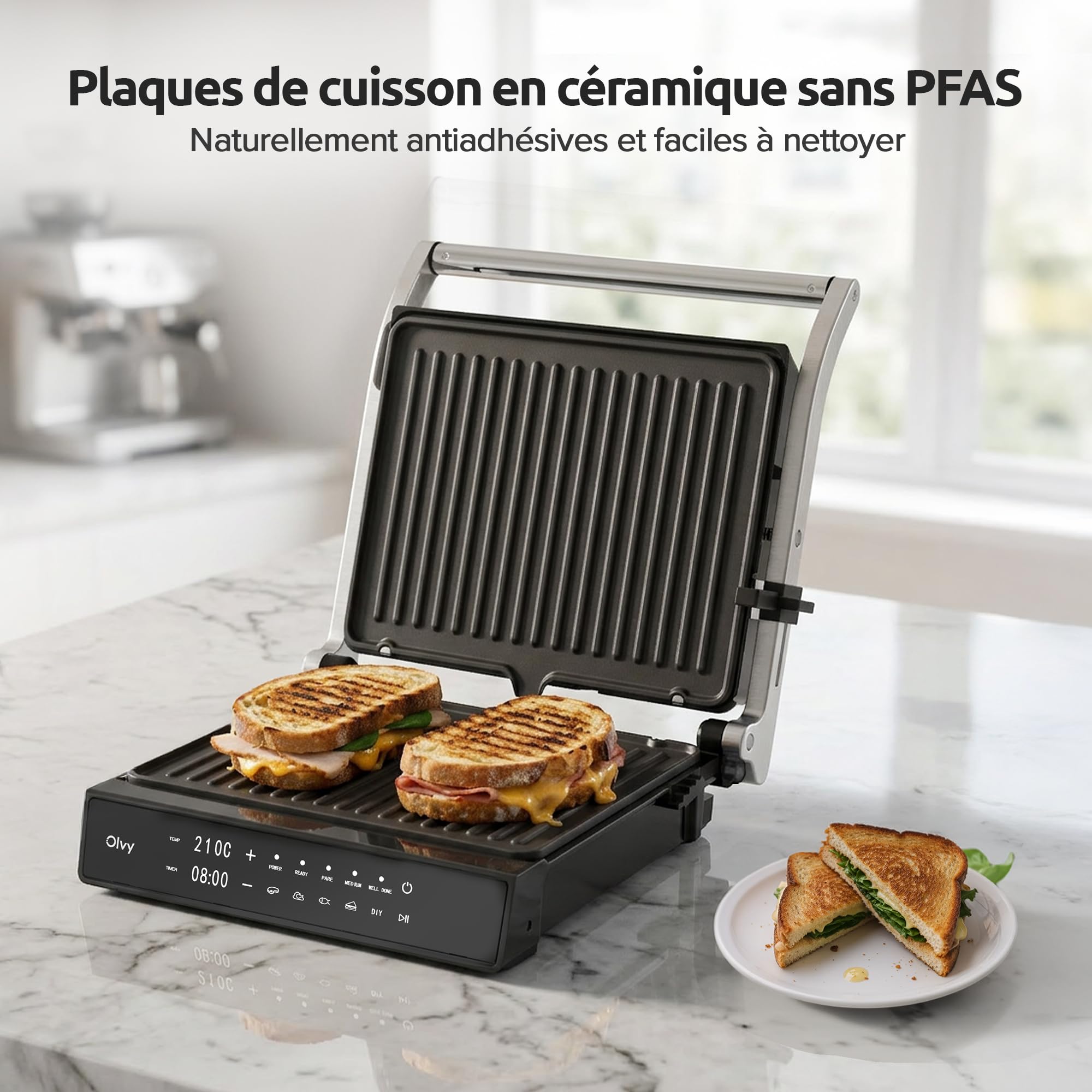 Olvy Grill de Contact 2000W Écran Tactile Sans PFAS 5 Programmes Automatiques Ouverture 180° Plaques Amovibles Antiadhésives Thermostat Minuteur Panini Croque Monsieur Steak
