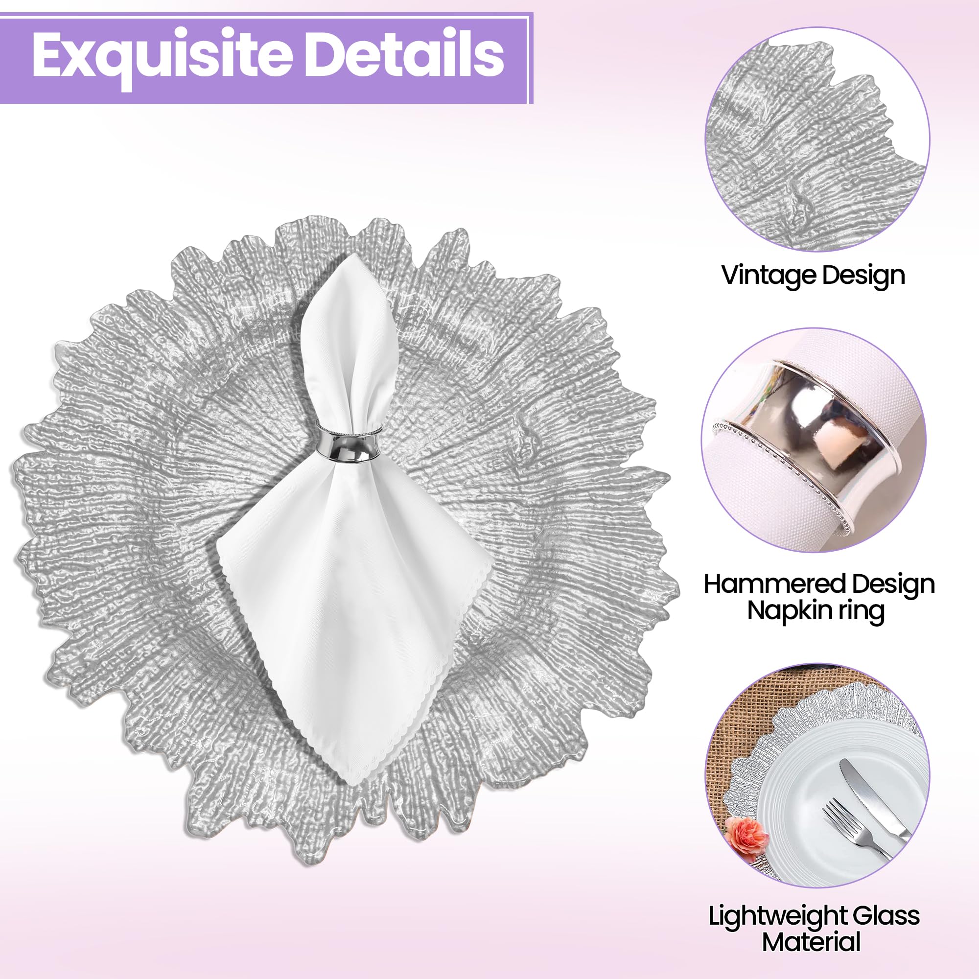 Juego de platos de cristal rosa plateado con diseño vintage y servilleteros martillados, elegantes cargadores de cena de 33 cm para bodas, cenas, cumpleaños, fiestas y eventos especiales, 6 piezas